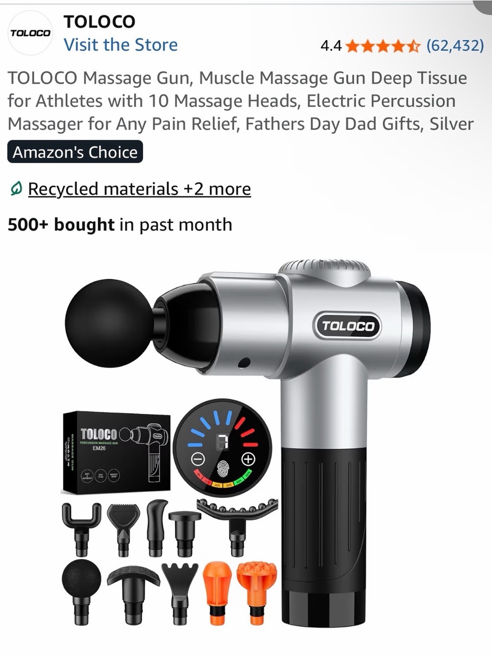 TOLOCO Silver & Black Deep Tissue Massage Gun with 10 Heads - NEW IN BOX